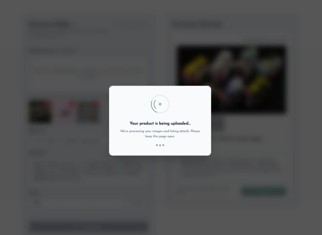 Upload progress overlay while the listing is being saved